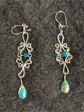 Silver Teardrop Dangle Earrings with Blue-Green Stones